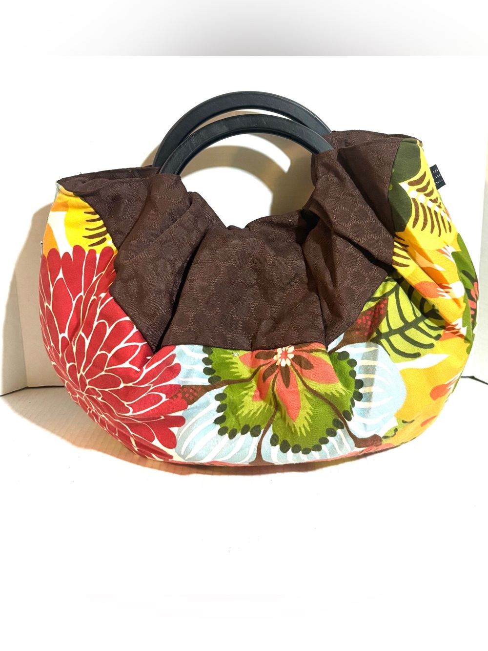 Brown Floral Fabric with  wood Handle Tote - Women's Bag